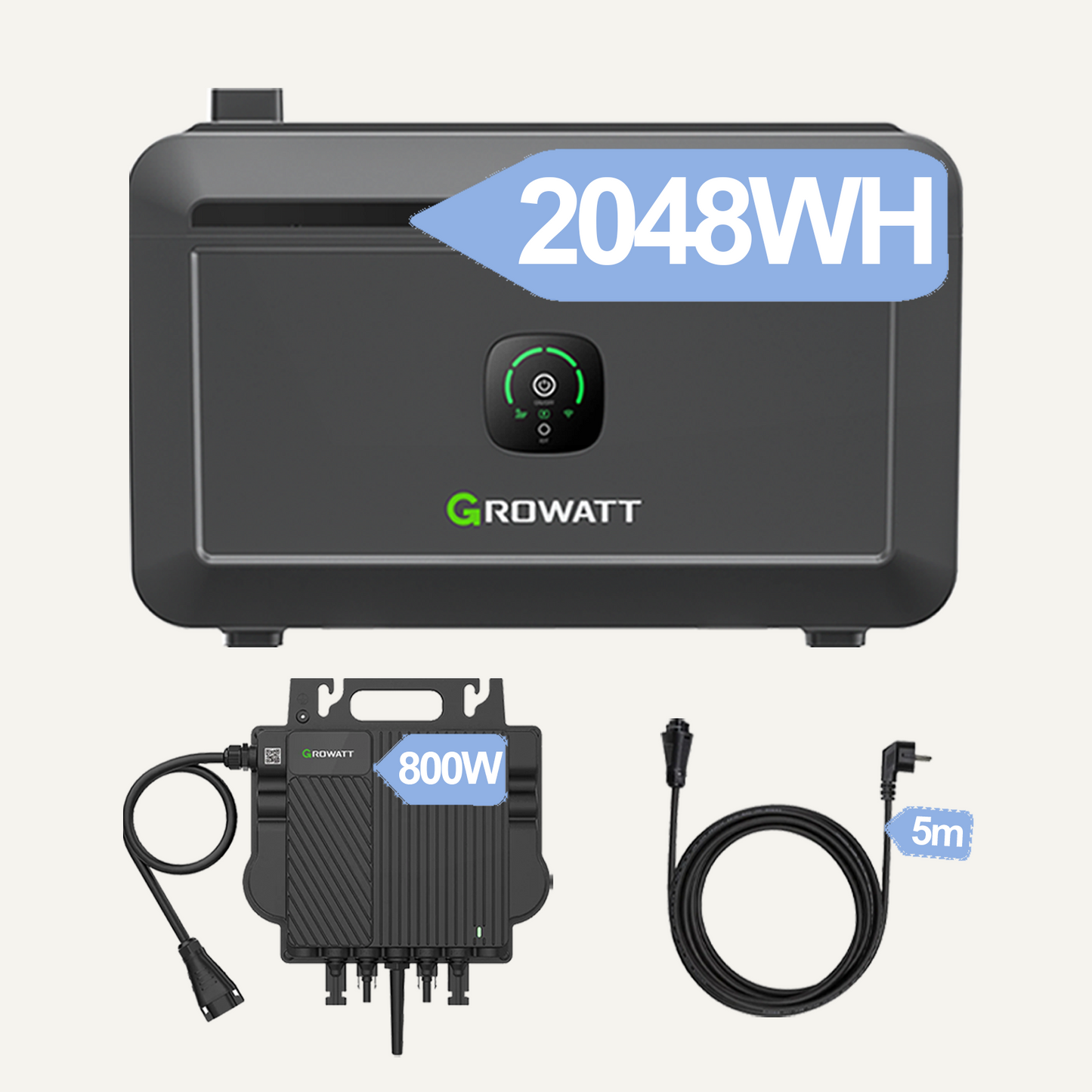 Growatt NOAH 2000 Solarspeicher 2048Wh LiFePO4 mit 1800W PV-Eingang, Smart App Control, IP66, für Balkonkraftwerke mit NEO 800W Mikro-Wechselrichter