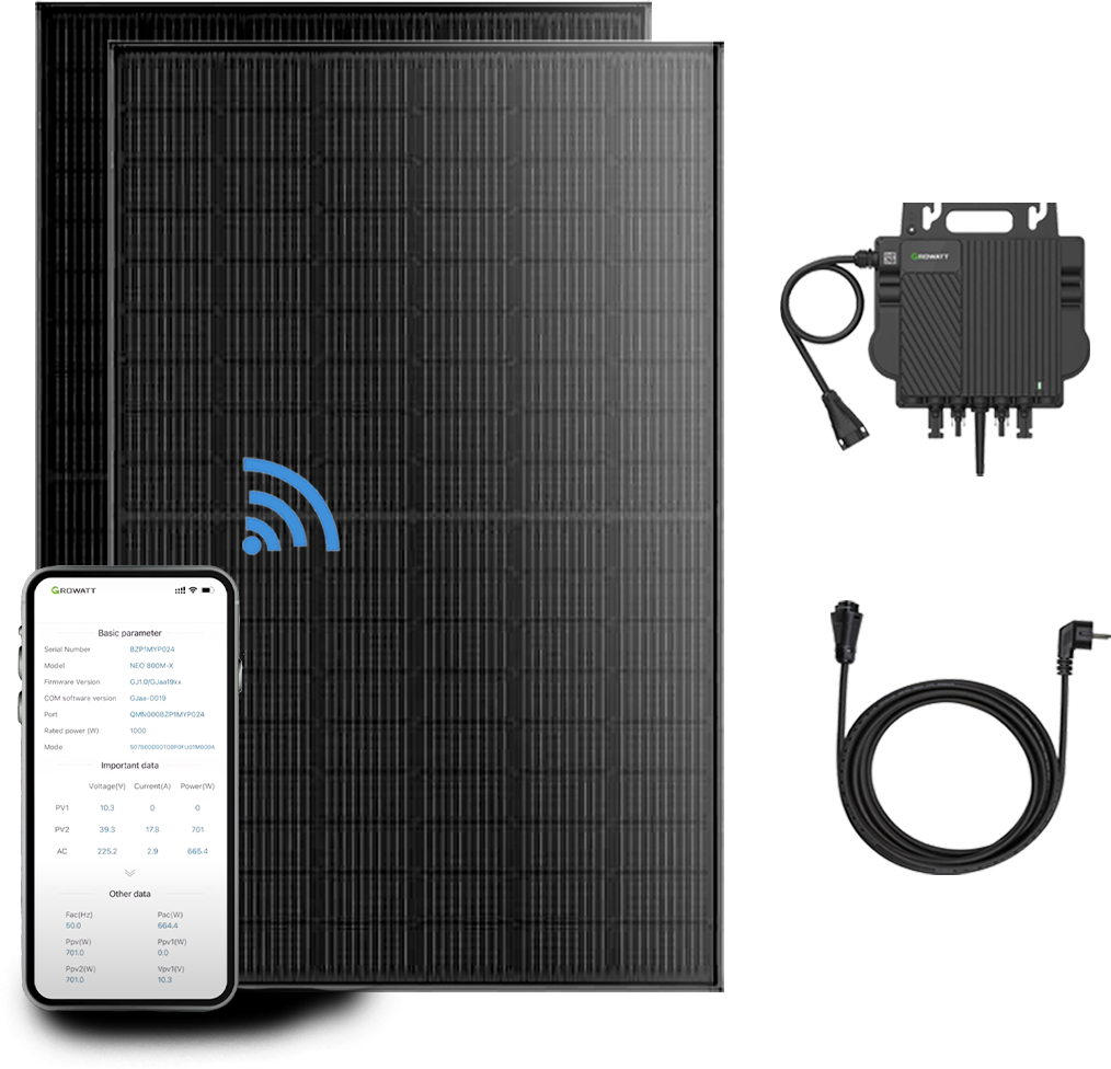 Growatt Balkonkraftwerk Komplettset 870W Solarmodule mit 800W Mikro-Wechselrichter und 5M AC Kabel