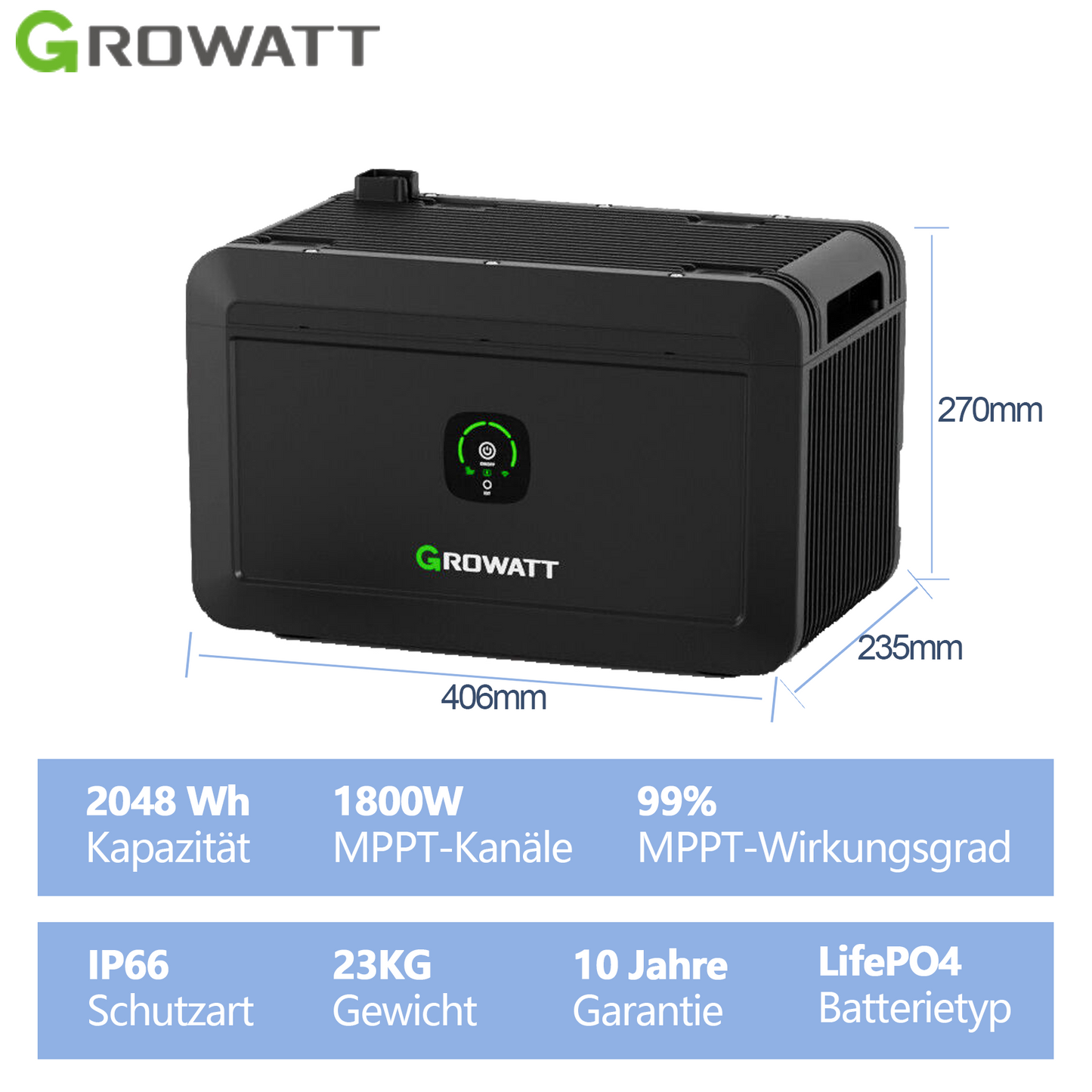 Growatt NOAH 2000 Solarspeicher 2048Wh LiFePO4 mit 1800W PV-Eingang, Smart App Control, IP66, für Balkonkraftwerke mit NEO 800W Mikro-Wechselrichter