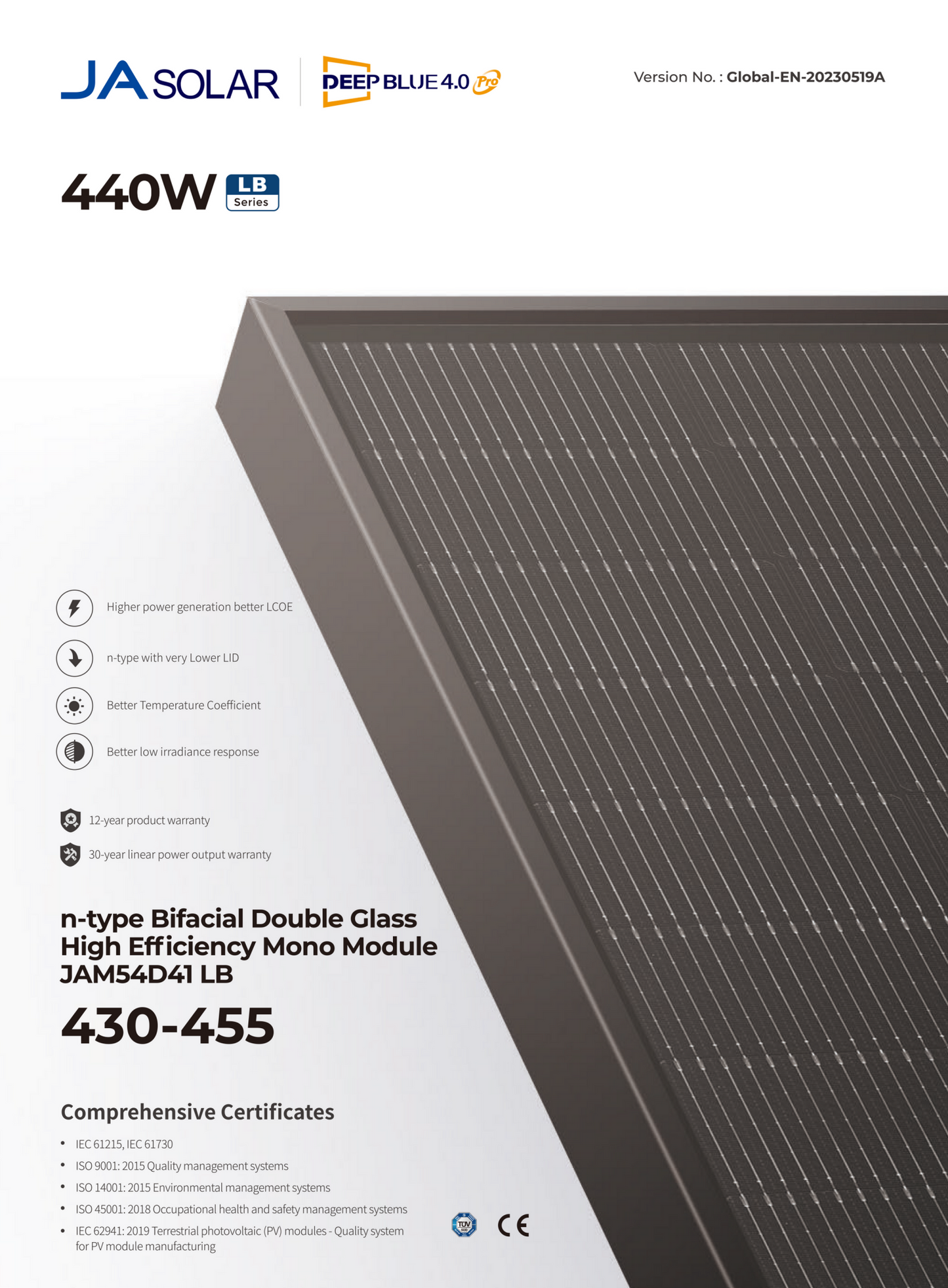 JA Solar N-Type Bifacial Glass-Glass 440W Solarmodul, Monokristalin, Hoher Wirkungsgrad, DeepBlue 4.0