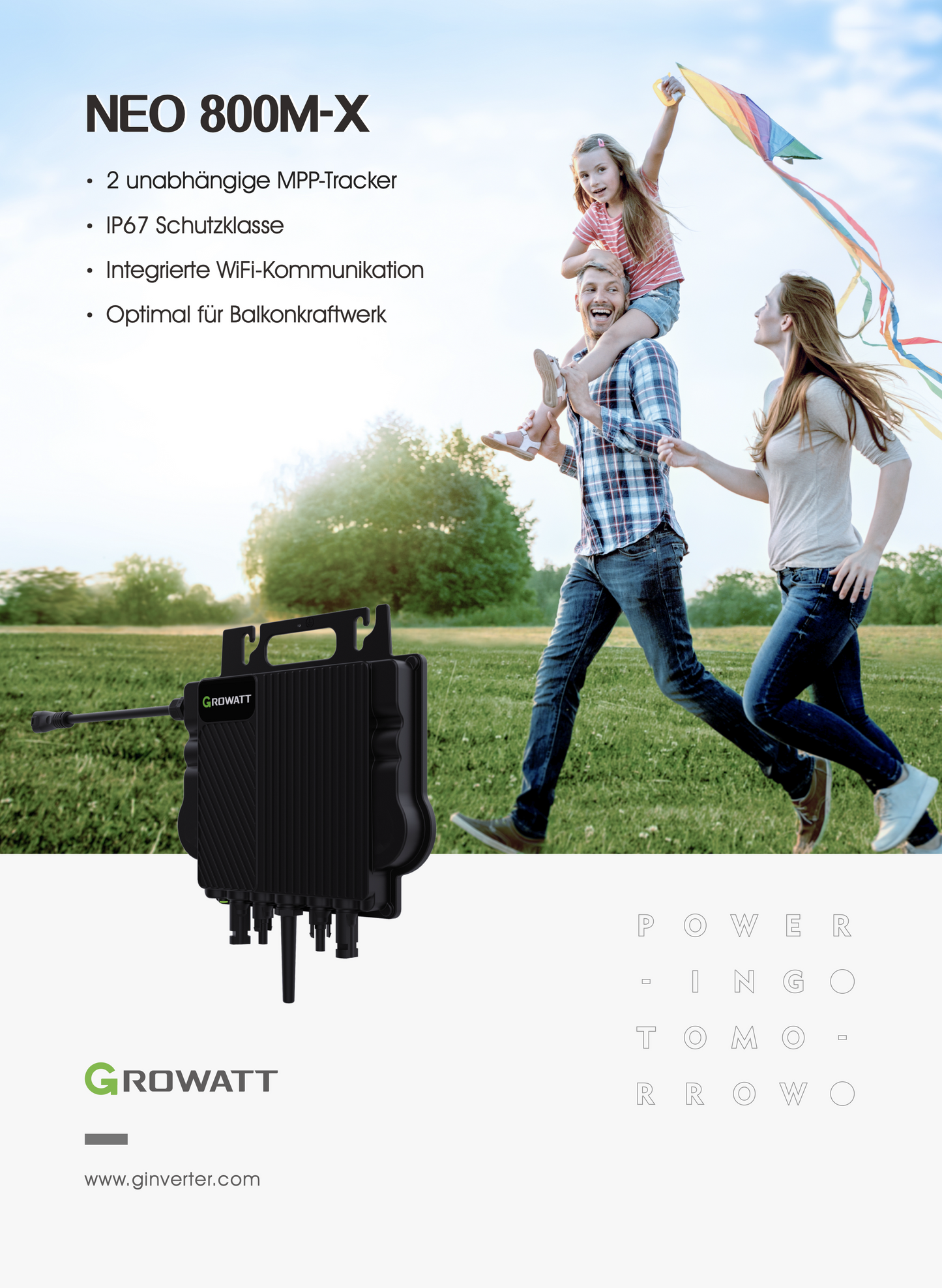 Growatt NEO 800W Mikro-Wechselrichter mit 5M AC Kabel für Balkonkraftwerk Plug und Play