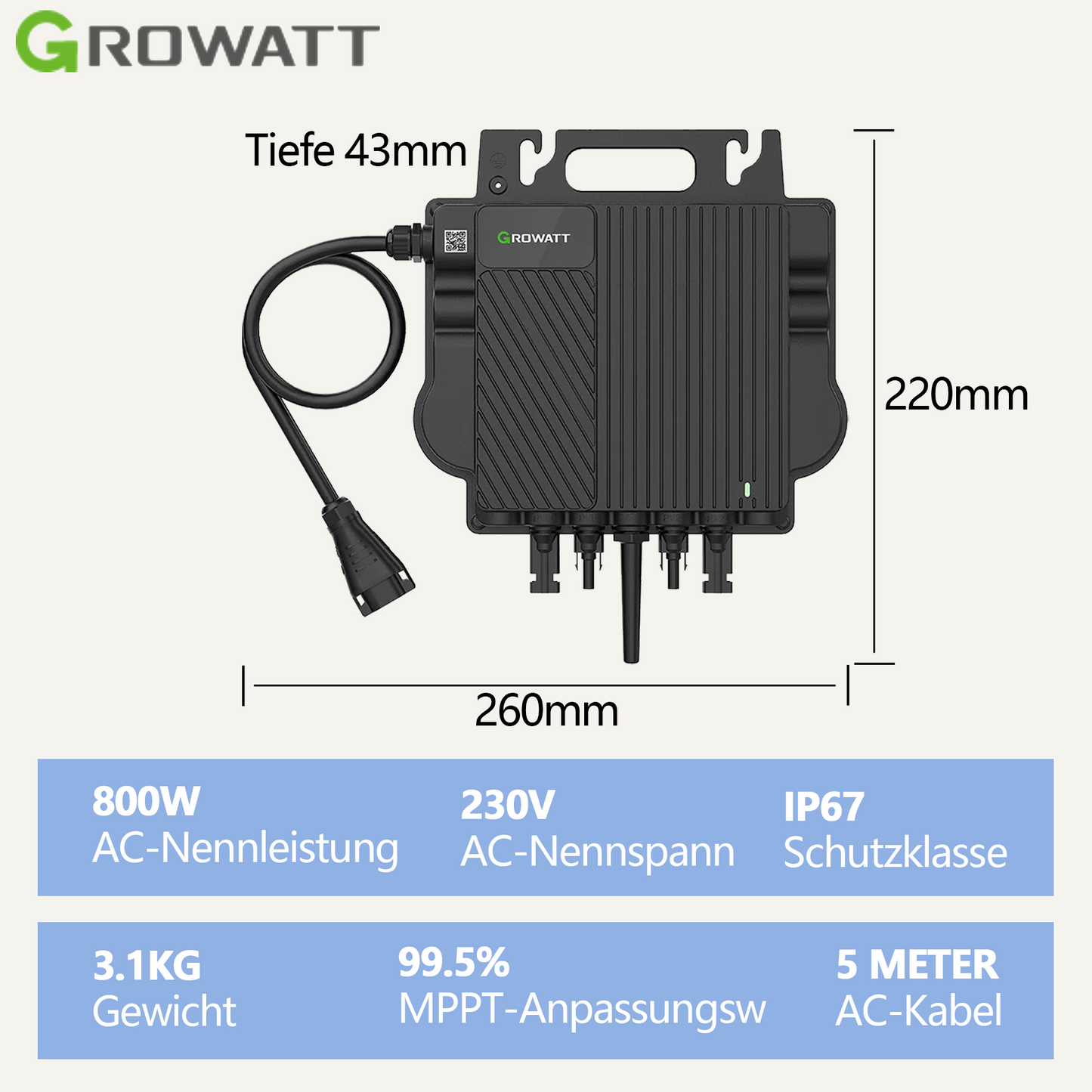 Growatt NOAH 2000 Solarspeicher 2048Wh LiFePO4 mit 1800W PV-Eingang, Smart App Control, IP66, für Balkonkraftwerke mit NEO 800W Mikro-Wechselrichter