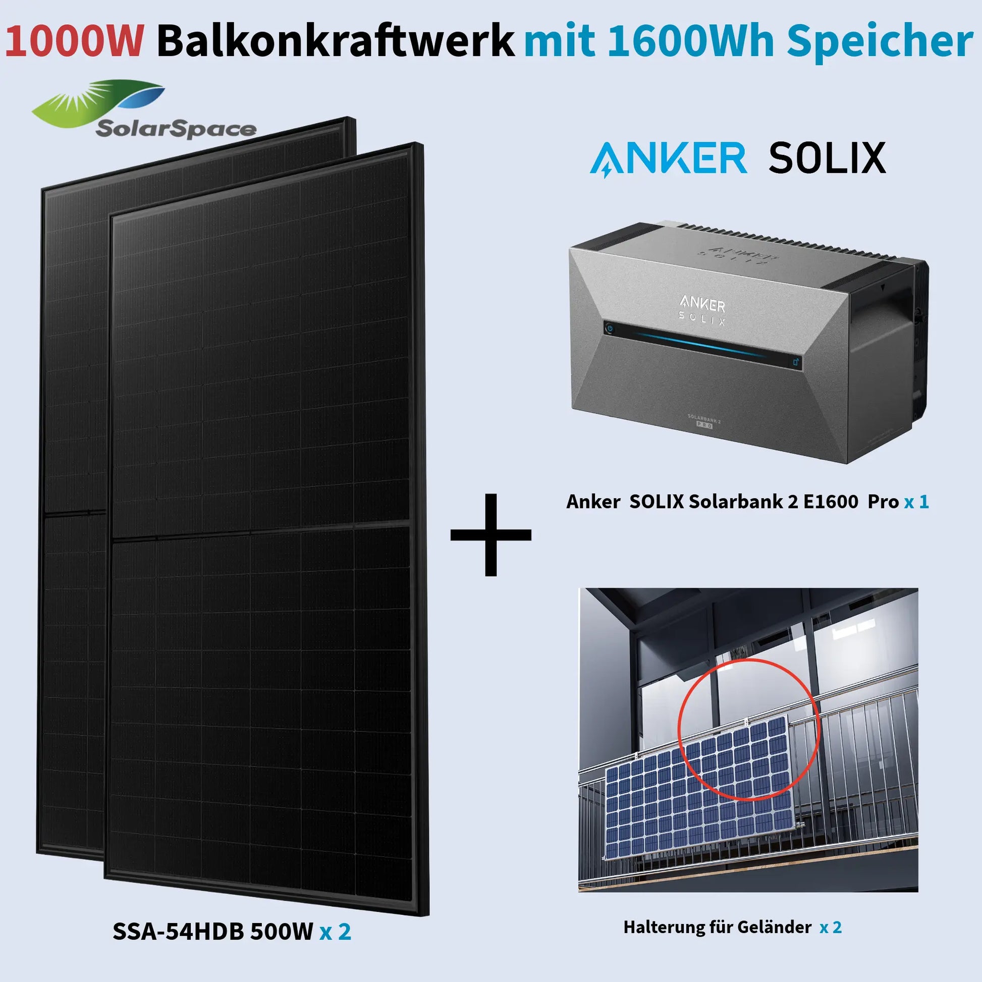 Anker SOLIX 1000W Balkonkraftwerk Solarbank Pro 2 mit 2×500W SolarSpace Modulen, Halterung optional Anker