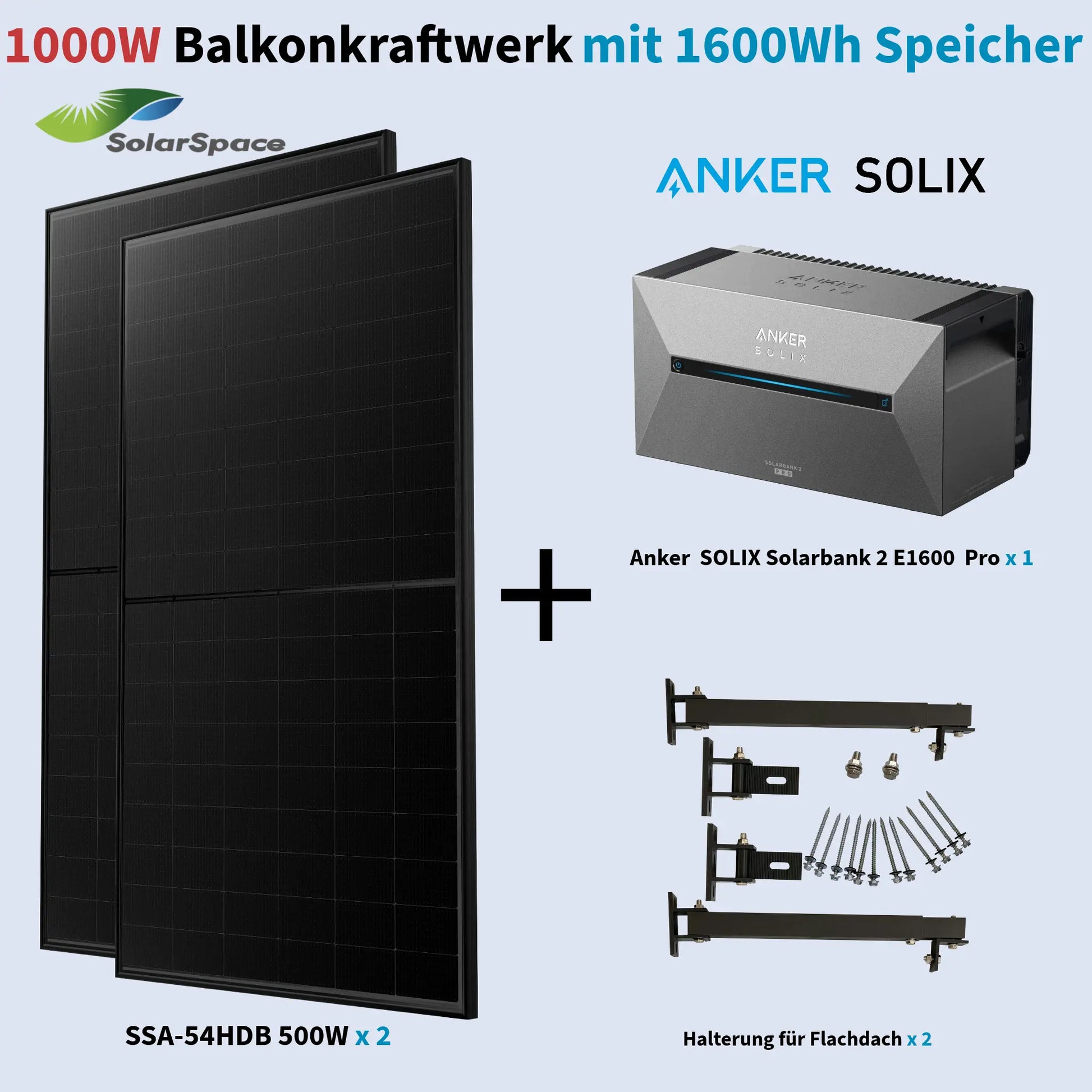 Anker SOLIX 1000W Balkonkraftwerk Solarbank Pro 2 mit 2×500W SolarSpace Modulen, Halterung optional Anker