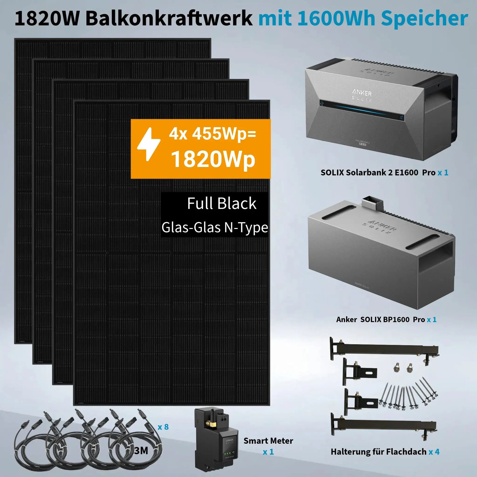 Anker SOLIX 1.820 W Balkonkraftwerk mit Solarbank 2 E1600 Pro 1.600 Wh, IP65 Anker