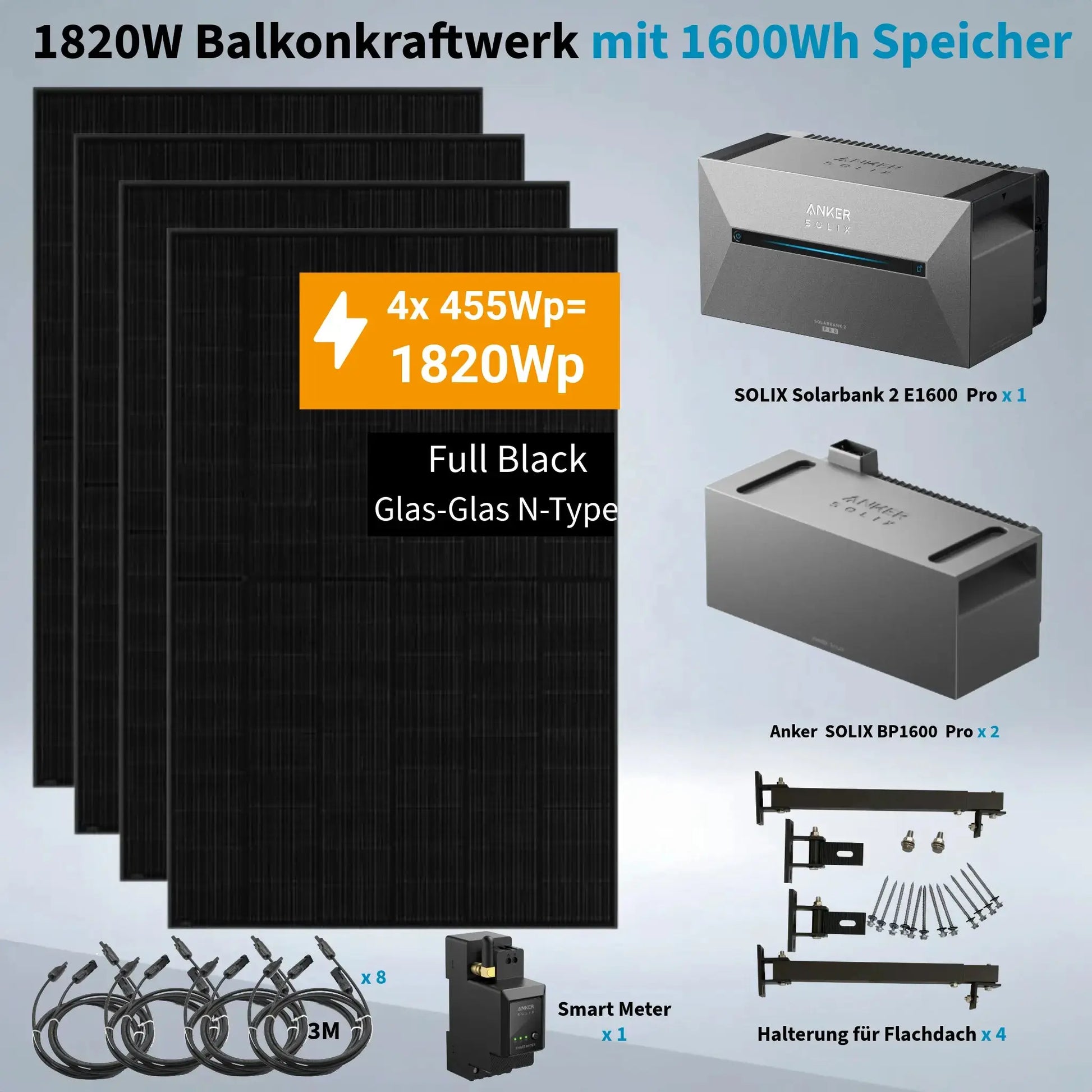 Anker SOLIX 1.820 W Balkonkraftwerk mit Solarbank 2 E1600 Pro 1.600 Wh, IP65 Anker