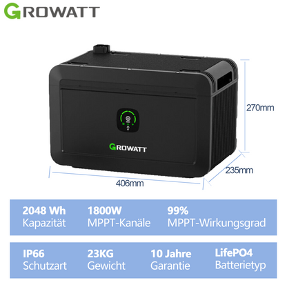 Growatt NOAH 2000 Solarspeicher 2048Wh LiFePO4 mit 1800W PV-Eingang, Smart App Control, IP66, für Balkonkraftwerke