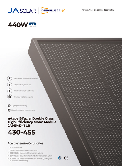 JA Solar N-Type Bifacial Glass-Glass 440W Solarmodul, Monokristalin, Hoher Wirkungsgrad, DeepBlue 4.0