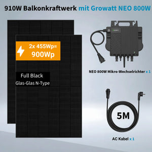 Growatt Balkonkraftwerk Komplettset 910W Solarmodule mit 800W Mikro-Wechselrichter und 5M AC Kabel
