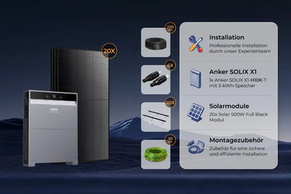 Anker SOLIX X1 10 kW Hybrid-PV-Komplettanlage 10 kWp mit Batteriespeicher, 20×500 Wp Full-Black Modulen & Installation