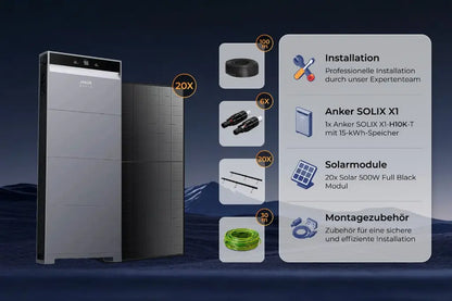 Anker SOLIX X1 10 kW Hybrid-PV-Komplettanlage 10 kWp mit Batteriespeicher, 20×500 Wp Full-Black Modulen & Installation